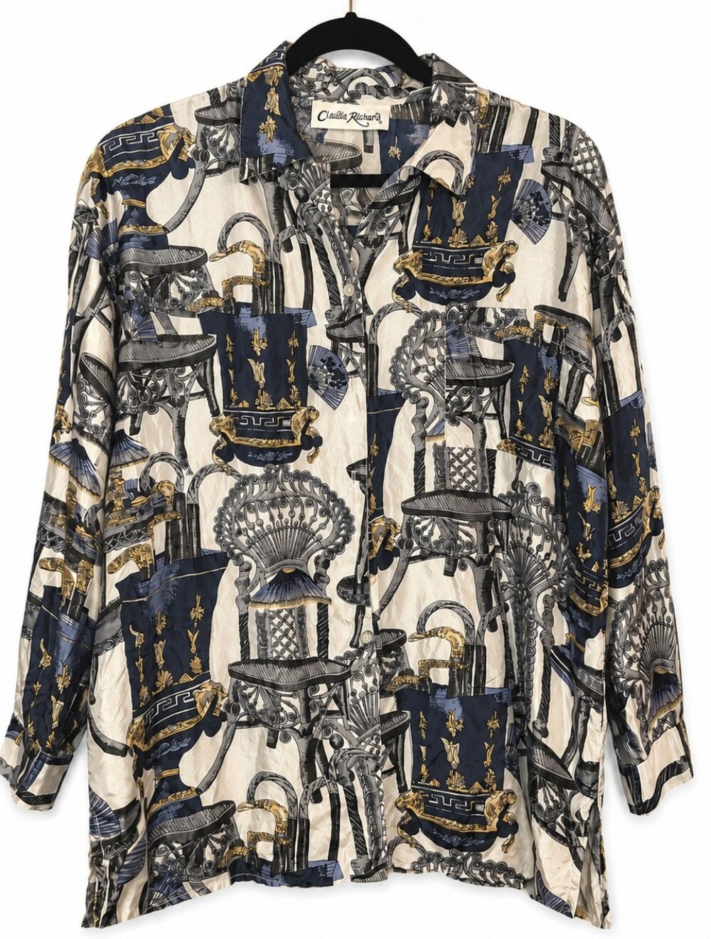 Vintage 90s Claudia Richard Large Silk Blouse - Baroque Chair Novelty Print